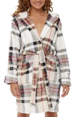 Women's Classic Plush Hooded Robe, Short Fleece Plaid Bathrobe With Hood -Women Store GUEST e239b983 32bf 4577 bdd3 60ee84b8db77