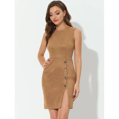 Allegra K Women's Button Decor Side Slit Faux Suede Work Pencil Sheath Dress 3 Allegra K Women's Button Decor Side Slit Faux Suede Work Pencil Sheath Dress
