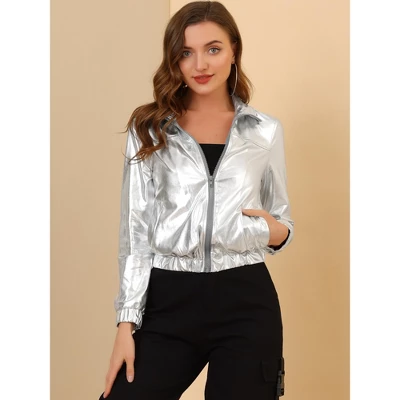Allegra K Women's Track Holographic Shiny Long Sleeve Metallic Zip Front Jacket 3 Allegra K Women's Track Holographic Shiny Long Sleeve Metallic Zip Front Jacket
