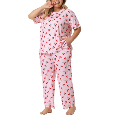 Agnes Orinda Women's Plus Size Short Sleeve Cherry Print Elastic Soft Pockets Pajama Set 2 Pcs 7 Agnes Orinda Women's Plus Size Short Sleeve Cherry Print Elastic Soft Pockets Pajama Set 2 Pcs - Image 5