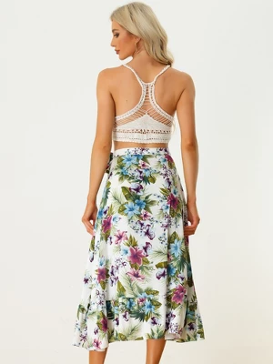 Allegra K Women's Tropical Floral Print Ruffle Self Tie Knot Split Beach Wrap Midi Skirt 5 Allegra K Women's Tropical Floral Print Ruffle Self Tie Knot Split Beach Wrap Midi Skirt - Image 3
