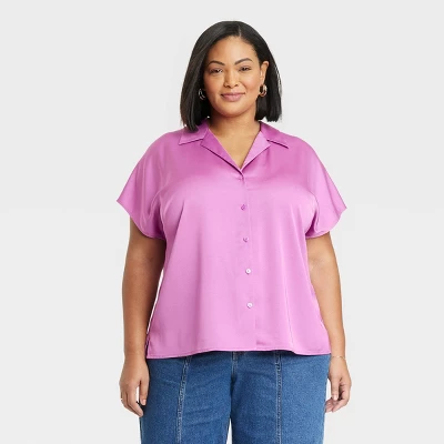 Women's Satin Short Sleeve Button-Front Shirt - Ava & Viv™ 7 Women's Satin Short Sleeve Button-Front Shirt - Ava & Viv™ - Image 5