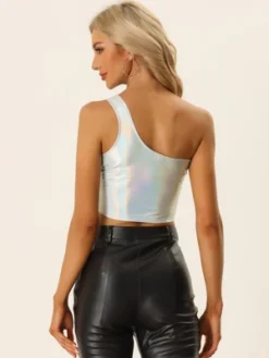 Allegra K Women's Metallic Cropped One Shoulder Party Tank Tops -Women Store GUEST ed1eb1f6 85fb 4312 8587 aa5b676189c9