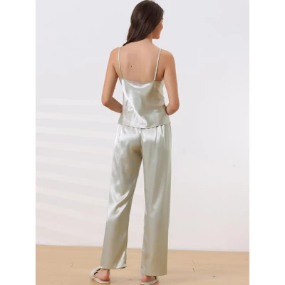 Cheibear Womens Silky Lace Camisole With Pants Loungewear Pajama Sets 2 Pcs 4 Cheibear Womens Silky Lace Camisole With Pants Loungewear Pajama Sets 2 Pcs - Image 2