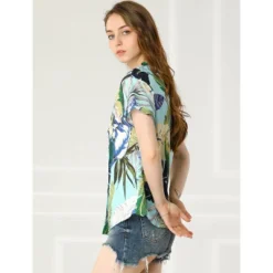 Allegra K Women's Hawaiian Floral Leaves Printed Short Sleeve Button Down Vintage Beach Shirt -Women Store GUEST eee7baca 1dd5 4875 8174 7e18534ae90d