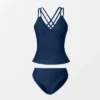 Women's V Neck Ruched Double Crisscross Tankini Set - Cupshe- Blue -Women Store GUEST f5393b82 f756 4698 a006 4bd5d691bf71