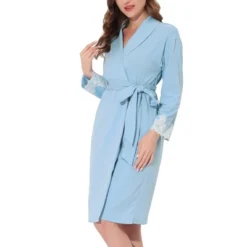 Cheibear Womens Robe Knit Lace Trim Lounge Sleepwear Long Sleeve Bathrobe