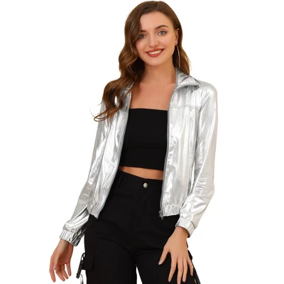 Allegra K Women's Track Holographic Shiny Long Sleeve Metallic Zip Front Jacket 8 Allegra K Women's Track Holographic Shiny Long Sleeve Metallic Zip Front Jacket - Image 6
