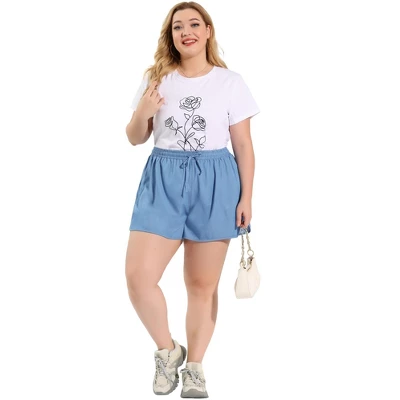 Agnes Orinda Women's Plus Size Denim Short Drawstring Elastic Waist Slant Pockets Shorts Light 4 Agnes Orinda Women's Plus Size Denim Short Drawstring Elastic Waist Slant Pockets Shorts Light - Image 2