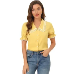 Allegra K Women's Sweet Peter Pan Contrast Collar Short Sleeves Button Up Blouse Tops -Women Store GUEST f877835e d2b1 4d5c bbe7 f8768ba688ec