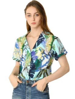 Allegra K Women's Hawaiian Floral Leaves Printed Short Sleeve Button Down Vintage Beach Shirt -Women Store GUEST f8e10529 5318 49cc b101 9efea5393d85