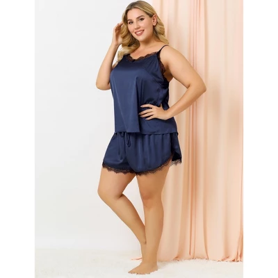 Agnes Orinda Women's Plus Size Lace Panel Elastic Waist Camisole Pajama Set 3 Agnes Orinda Women's Plus Size Lace Panel Elastic Waist Camisole Pajama Set